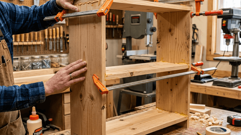 Handmade wooden bookshelf being assembled in a home workshop