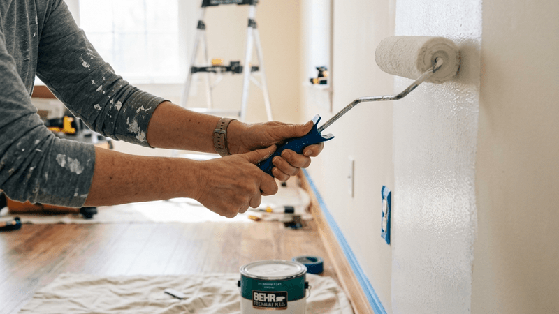 Hands painting a wall with a roller in a bright room renovation