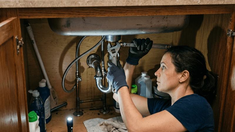 Person fixing a kitchen faucet with basic plumbing tools