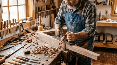 Craftsman working on a wooden piece with hand tools in a workshop