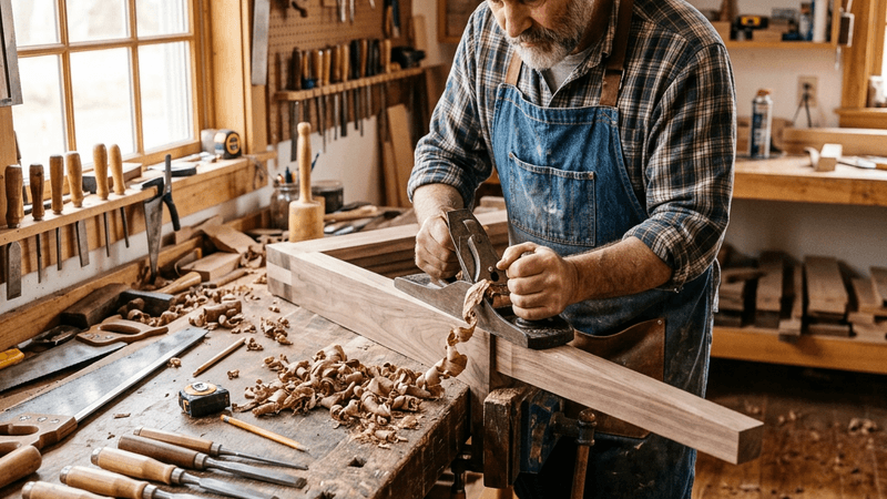 Craftsman working on a wooden piece with hand tools in a workshop